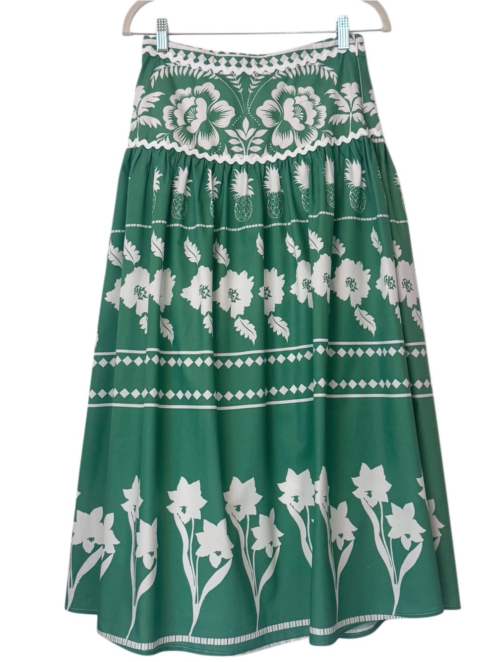 Sugarlips Green & White Wave Trimmed Floral & Pineapple Print Midi Maxi Skirt Sm
